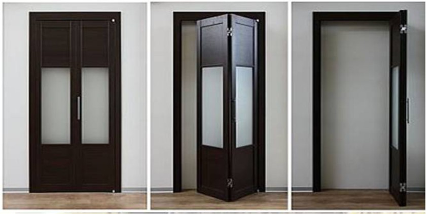 Шпонированные двери гармошка с матовыми стеклянными вставками Караганда
