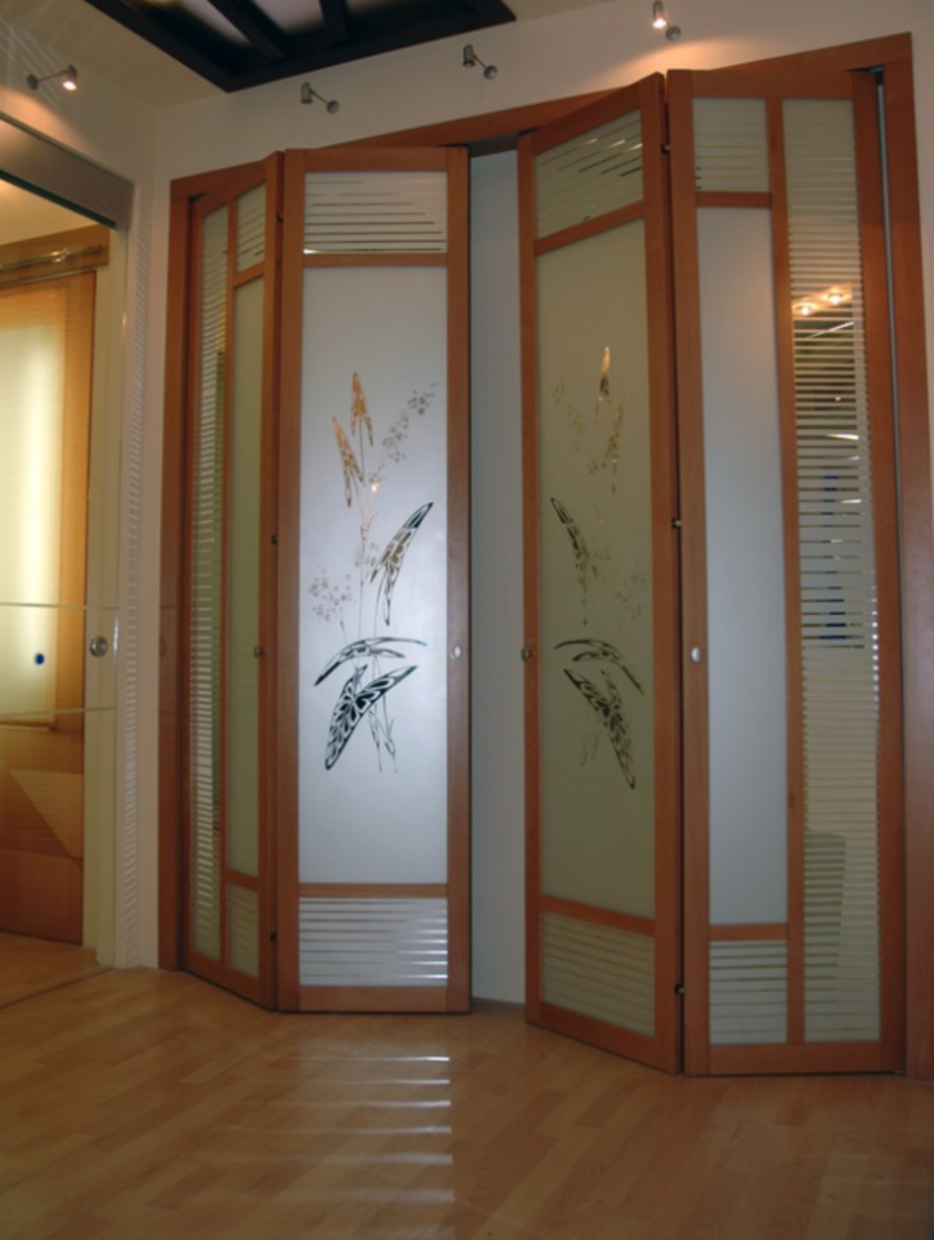 Широкие двери гармошка с матовым стеклом и рисунком Караганда